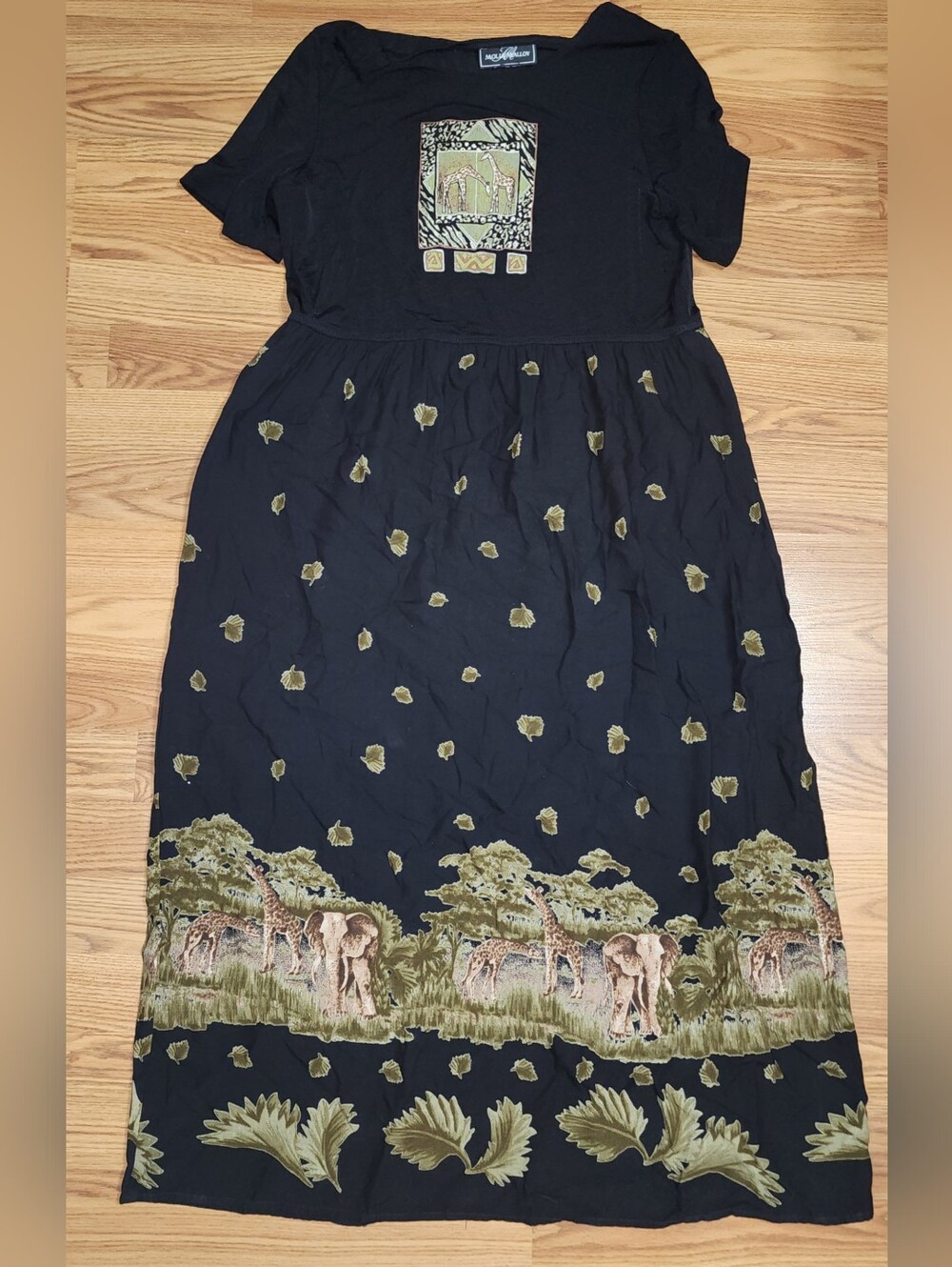 VTG 90s Molly Malloy Maxi Dress Womens S Black Safari Elephant Giraffe Boho